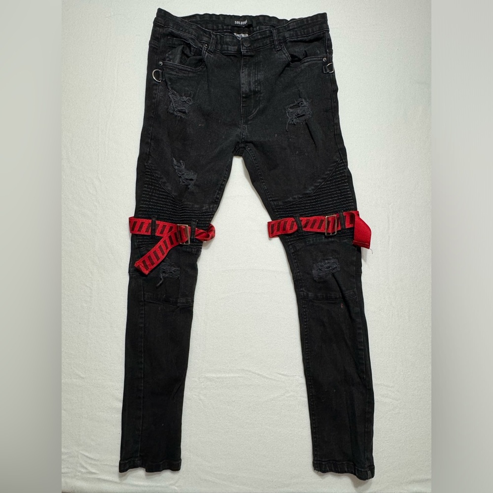 Men’s Solutus Strap Jeans (Black/Red) Size 36x32 (see description)